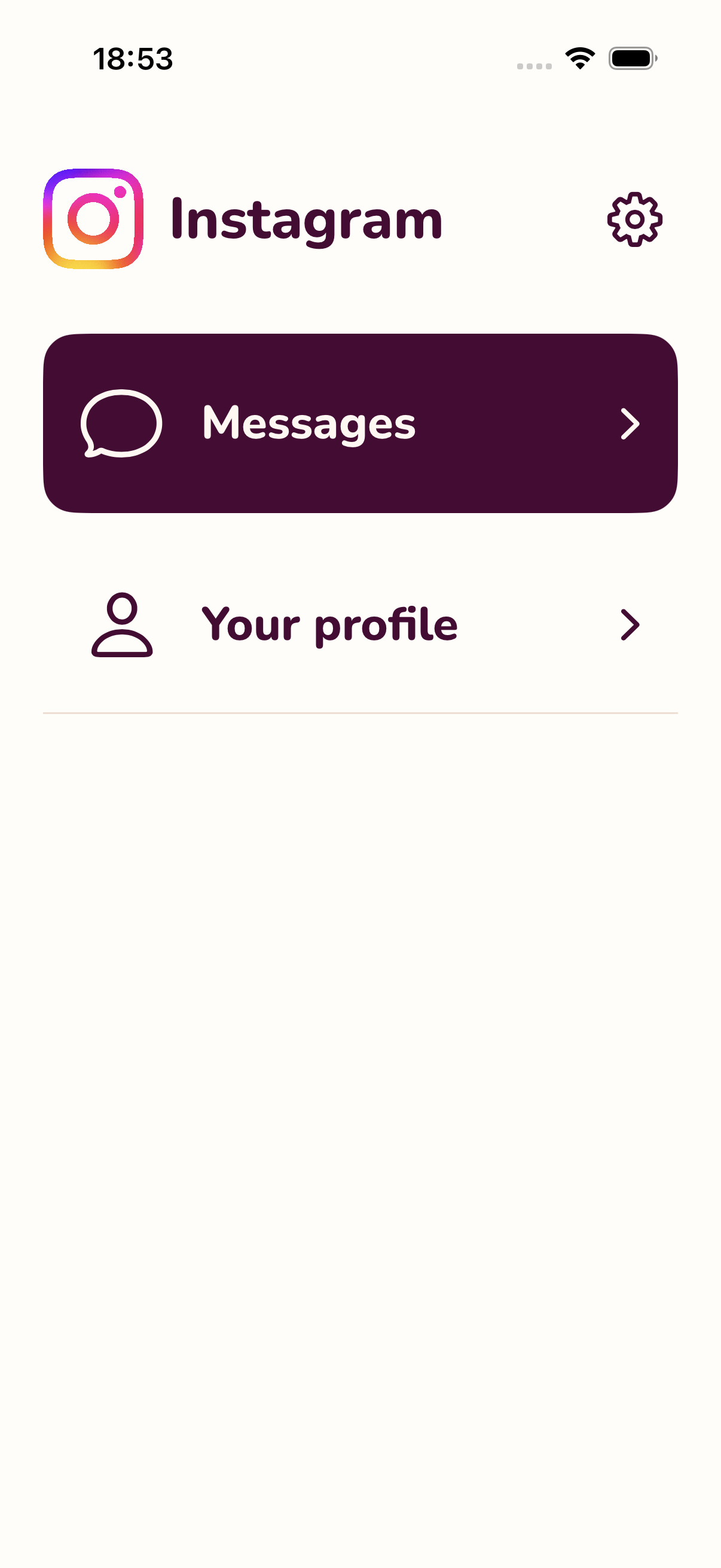 Feedskip's actual Instagram destination screen, with Messages, Your profile and a gear icon for settings